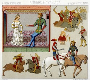 Kostüme des Mittelalters in Frankreich. Chromolithographische Platte - in „Le costume historique“ von Racinet
