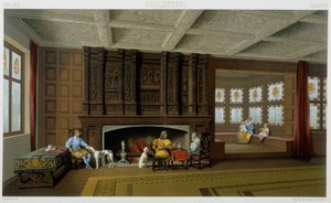 Englischer Lord und seine Familie in seinem Haus im 17. Jahrhundert. Chromolithographische Platte - in „Le costume historique“ von Racinet
