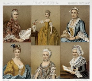 Französische Damenmode im 18. Jahrhundert. Illustration in „Le costume historique“ von Racinet von Albert Charles August Racinet