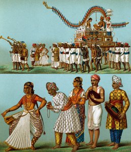 Indien, Paraden, Musik, Tänze, Lithographie aus Le Costume Historique, Band I von Albert Charles August Racinet