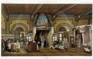 Innenraum eines herrschaftlichen Hauses im Mittelalter - in „The historical costume“ von Racinet von Albert Charles August Racinet