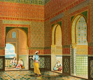 Innenraum einer wohlhabenden maurischen Wohnung, Illustration aus der vollständigen Kostümgeschichte von Auguste Racinet von Albert Charles August Racinet