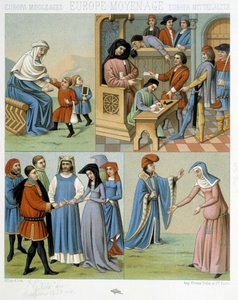 Mittelalter: Mutter und Kinder, ein Gerichtshof, eine Hochzeit - in „Le costume historique“ von Racinet