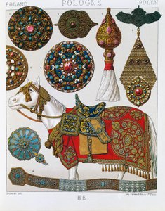 Polnische Ornamente, Pferde-Husaren, Lithographie aus Schmidts Costume historique, Band V