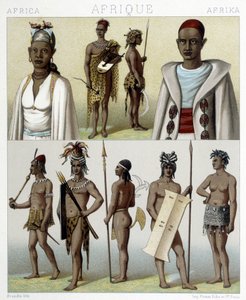 Traditionelle Kostüme und Schmuck aus Timbuktu und Oberer Nil. Illustration in „Le costume historique“ von Racinet von Albert Charles August Racinet