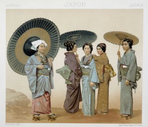 Traditionelle Kostüme japanischer Frauen. Illustration in „Le costume historique“ von Racinet