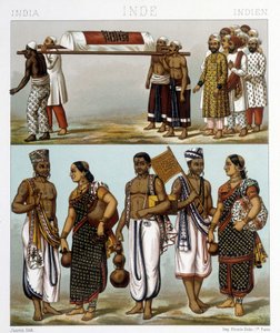 Traditionelle Kostüme von Muslimen (oben im Bild) und Hindus (unten) in Indien. Illustration in „Le costume historique“ von Racinet von Albert Charles August Racinet