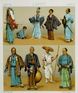 Verschiedene traditionelle japanische Männerkostüme einschließlich Kimono. Chromolithographische Platte - in „Le costume historique“ von Racinet