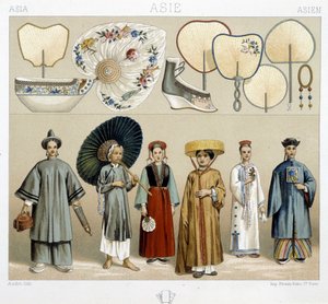 Verschiedene Frauenkostüme in China: Fächer, Schuhe... - in „The historical costume“ von Racinet von Albert Charles August Racinet