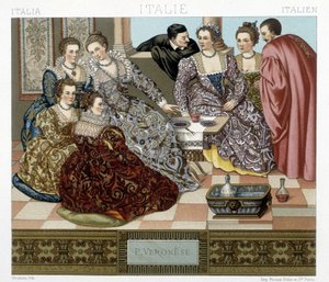 Venezianische Kostüme des 17. Jahrhunderts. Illustration in „The historical costume“ von Racquet von Albert Charles August Racinet