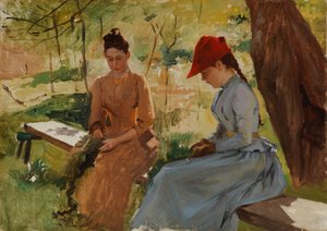 Mädchen binden Girlanden (Die Schwestern des Künstlers Annie und Berta binden Girlanden), Studie von Albert Edelfelt