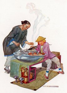 Aladdins Mutter war erstaunt, das große Becken, die Gerichte, die Brote, die Flaschen zu sehen