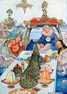 Der Sultan saß am ersten Tisch und aß mit seiner Tochter. Aladdin und der Großwesir ...
