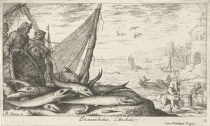 Sardellen bei einem Korb und Fischernetz (Vissen en andere zeedieren - zoutwater derde reeks, Poissons de mer) von Albert Flamen