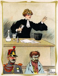 Eine Anwältin mit schönem Gesicht plädiert und verteidigt ihren Mandanten. Werbung, Gravur 1902-1903 von Albert Guillaume