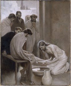 Le Christ lavant les pieds de ses disciples - Christus wäscht die Füße der Jünger, von Edelfelt, Albert Gustaf Aristides (1854-1905). Grisaille