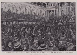 Hände hoch für die Föderation!, Szene bei einer Massenversammlung in der Sydney Town Hall von Albert Henry Fullwood