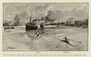 Das internationale Bootsrennen um £1.000 zwischen Kanada und New South Wales, auf dem Parramatta River