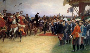 Präsident Emile Loubet (1836-1929) begrüßt Zar Nikolaus II. (1868-1918) und Kaiserin Alexandra am 21.09.1901 im Betheny-Lager von Albert Pierre Dawant