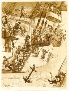 Abfahrt eines transatlantischen Ballons, aus Le Vingtieme Siecle, veröffentlicht 1883, Lithographie, 1883