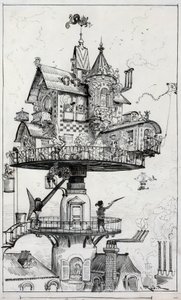 Zeichnung zeigt eine Wohnstruktur, die über den Dächern erhöht ist und so gestaltet ist, dass sie sich in verschiedene Richtungen drehen und anpassen kann, Zeichnung von Albert Robida um 1883