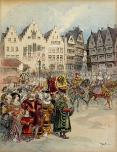 Wahl von Karl V. (1500-1558) zum Kaiser von Deutschland am 28. Juni 1519. Der Zug der sieben Kurfürsten zieht durch die Straßen von Frankfurt (Deutschland). Illustration