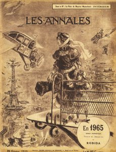Erste Veröffentlichung des prophetischen Zukunftsromans „En 1965“ von Albert Robida (1848-1926) im Jahr 1919 in der Zeitschrift „Annales Politiques et Littéraires“ - Paris leidet unter Verkehrsstaus... im Himmel! Selbstfliegende und Taxi-Flugzeuge