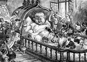 Grandes et inestimables chroniques du grand et enorme geant Gargantua, anonyme Arbeit, die Francois Rabelais für "Pantagruel" inspirierte, Gravur von Albert Robida: hier Gargantua als Baby