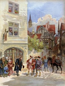 Literatur. Der Drucker Robert Estienne empfängt König Franz I. in seiner Druckerei, Paris. Illustration von A. Robida in: Franz I., von A. Toudouze, Frankreich von Albert Robida