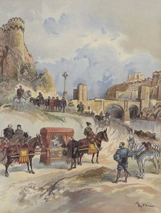 Margarete von Frankreich besucht ihren Bruder und wird von Karl V. an der Brücke von Toledo empfangen von Albert Robida