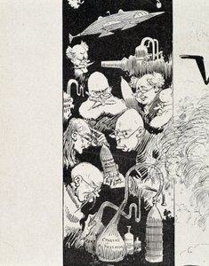 Sieben Wissenschaftler mit ihrer Erfindung. In „Krieg im 20. Jahrhundert“ von A. Robida