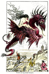 Succubus: weiblicher Dämon (Frau - weiblich) reitet auf einem Drachen - Illustration von Albert Robida für die Drolatischen Geschichten von Honoré de Balzac - Anfang des 20. Jahrhunderts von Albert Robida