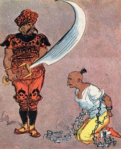 Der Sultan befiehlt, Aladins Kopf abzuschlagen Illustration von Albert Robida für das Märchen „Aladin und die Wunderlampe“ in „Tausendundeine Nacht“ von Albert Robida