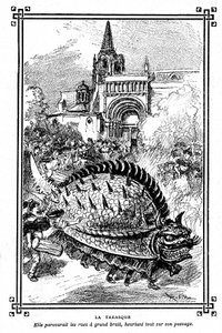 Tarasque von Tarascon, fabelhaftes Monster der Folklore der Provence: Illustration von Albert Robida aus dem Schulbuch „Choice of readings“ von A. Mironneau, Librairie Armand Colin 1911