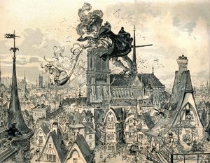 Der Riese Gargantua springt von seinem Pferd von Albert Robida