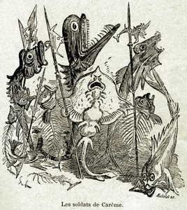 Die Armee von Quaresmeprenant. Soldaten sind als Fische dargestellt, von denen einige nur die Gräten haben, in Anspielung auf Caremes mageres (junges) Mahl. Illustration von Albert Robida (1848-1926) für eine Episode des Vierten Buches von Francois Rabelai