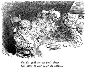 Der Sandmann ist vorbeigekommen! Kind schläft nach dem Essen. Schlaf. „Sie sagen, er ist ein kleiner alter Mann, der nachts Sand wirft...“ Zeichnung von Albert Robida (1848-1926) in einem Kinderlesebuch 1920-1930