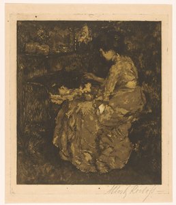 Frau, die ein Kind in einer Wiege füttert von Albert Roelofs (signed by artist)