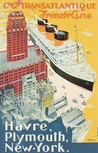 Plakat, das die Route Le Havre-Plymouth-New York der Reederei Companie Generale Transatlantique, bekannt als 