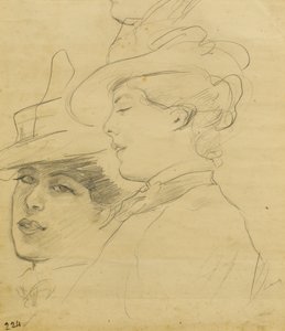 Kopf einer Frau mit verziertem Hut, Profil- und Dreiviertelansicht, ca. 1900 von Albert de Belleroche