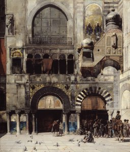 Tscherkessische Kavallerie wartet auf ihren Kommandanten vor einem byzantinischen Denkmal, Erinnerung an den Orient von Alberto Pasini