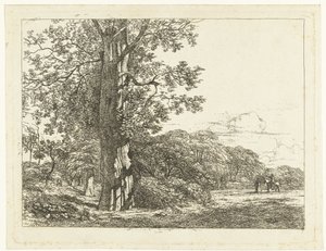 Landschaft mit großer Buche und Reiter im Gespräch mit einem Mann