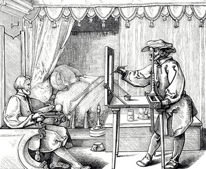 Holzschnittgravur, die einen Künstler zeigt, der ein Zeichenhilfsmittel verwendet, um die Proportionen eines Porträts korrekt zu erfassen. Gravur von Albrecht Dürer (1471-1528)