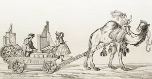 Der Organist Paul Hoffaner spielt in einer von einem Kamel gezogenen Kutsche, ca. 1880 (Gravur)