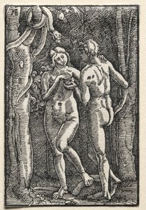 Der Fall und die Erlösung des Menschen: Adam und Eva essen die verbotene Frucht, um 1515