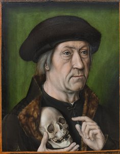 Selbstporträt mit einem Schädel, von Aelbrecht Bouts (1451/54-1549). Öl auf Holz, ca. 1520. Dimension: 42,6x33 cm. Muzeul National Brukenthal, Sibiu