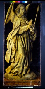Ehemals die Flügel eines Triptychons, ein Paar, weibliche Figuren, die Weisheit und Großzügigkeit personifizieren, mit der Verkündigung (Panel; en grisaille verso)