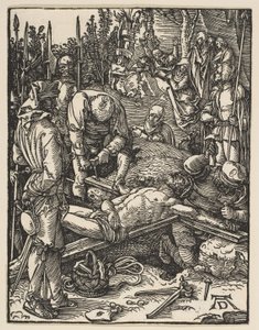 Christus ans Kreuz genagelt, aus "Die kleine Passion" von Albrecht Dürer