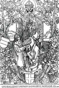 Conrad Celtes überreicht sein Buch Quatuor Libri Amorum an Maximilian I, 1502