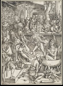 Die Marter des Evangelisten Johannes, aus der Folge der Apokalypse, Urausgabe Deutsch 1498 von Albrecht Dürer